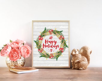 Happy Holidays - Christmas Print - Christmas Decor - Holiday Decor - Christmas Wreath - Christmas art - Winter Wreath - Holiday Art