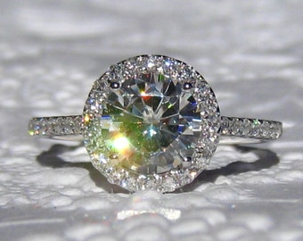 Forever One Moissanite Engagement Ring - Any Shape, White Gold Diamond Halo Engagement Ring, Round, Cushion, Oval, Emerald, Asscher, Pear