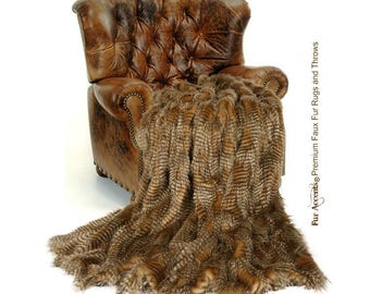 Plush Faux Fur Throw Blanket / Comforter / Luxury Brown Feather Fur / Premium / Select the Size You Want / New