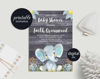 Printable Baby Shower Invitation, Elephant Baby Shower Invitation Blue Boy Baby Shower Invitation, Safari Jungle Baby Shower Invitation