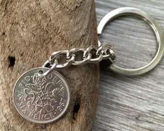 50th Birthday Gift 1967 lucky sixpence British coin keyring or bag charm unusual gift for a man, cool present for a woman, English, England