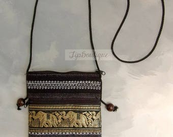 Small Mini Travel Bag Passport Money Cell Phone Crossbody Neck Pouch Sling Zipper 2 Compartments Elephant Ethnic Cotton Fabric Black P15
