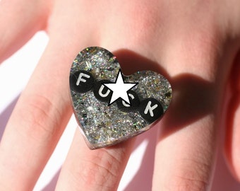 Bad Word Jewerly Feminist Ring Holographic Punk Rocker Statement Ring Riot Grrrl Glitter Ring