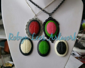 Large Brain Cabochon Necklace on Silver or Black Chain. Pink, Green, Red, White & Black. Anatomy, Gothic, Victorian, Anatomical