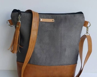 Gray Vegan Leather Crossbody Bag/Gray Vegan Suede Messenger Bag/Everyday Purse/Gray Cross Body Bag/Zippered Crossbody Purse/Boho Chic Purse