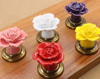 Rose Shape Knobs / Dresser Knob Drawer Pulls Handles / Ceramic Knob / Cabinet Knobs / Kitchen Door Knob Furniture Hardware 3127