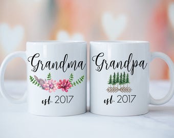 Grandparents Mug Set, Grandma Grandpa Mugs, Baby Announcement, New Grandparents, Grandparents Gift, Succulent Trees Grandma Grandpa Mug Set