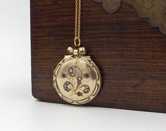 9K Gold Victorian Locket Necklace | 9ct Gold Back And Front Round Seed Pearl & Paste Stone Set Antique Bow Photo Locket Pendant
