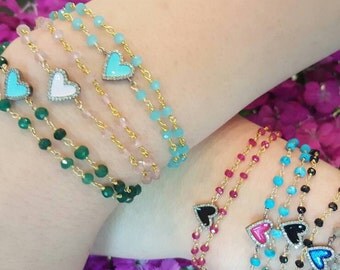 Enamel Diamond Heart Bracelet - Pave Diamonds Bracelet - Diamond Heart Charm - Gemstone Bracelet - Stackable Bracelet - Boho Jewelry - Gift