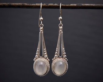 Moonstone Earrings, Moonstone Drops, Sterling Silver Drops, Filigree Earrings, White Moonstone, Moonstone and Silver, Intricate Earrings
