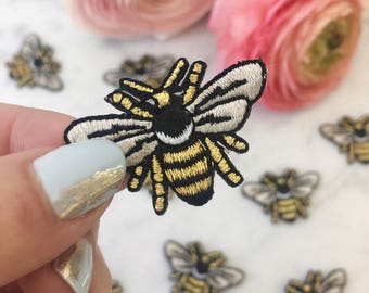 Tiny Bee Patch - Iron On Embroidered Patches - Metallic Gold