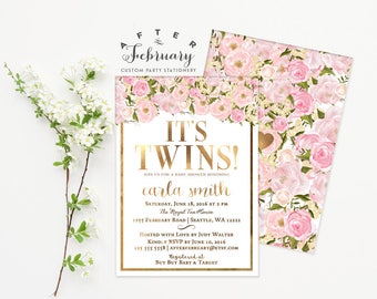 Twins Baby Shower Invite, Blush Pink and Gold Baby Shower Invitation, Floral Baby Shower Invitation Girl Printable No.1001BABY