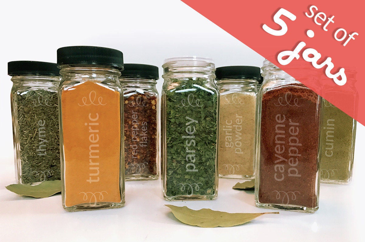 Spice Jars Set of 5 4oz Laser Etched Spice Bottle and Spice