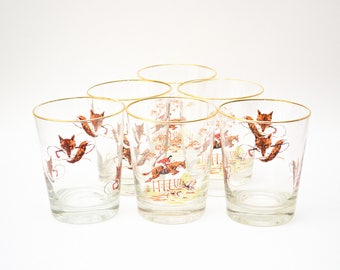 1950s Cocktail Glasses Fox Hunting Gold Rimmed Mid Century Set of Six