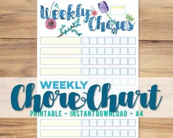 Printable A4 Weekly Chore Chart - Cute Floral Planner - Kids Reward & Chore Chart - Children Habit Behaviour - A4 - Digital Download PDF