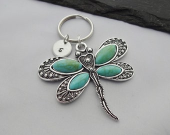 Dragonfly Keyring, Initial Dragonfly Keyring, Hand Stamped Keyring, Charm Keyring, Dragonfly Keychain, Personalised Keyring, Dragonfly Gift