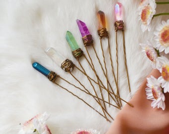 Angel Aura Crystal Hair Pins, Raw Quartz Hair Pin, Bridal Accessories, Wedding Hair Accessories