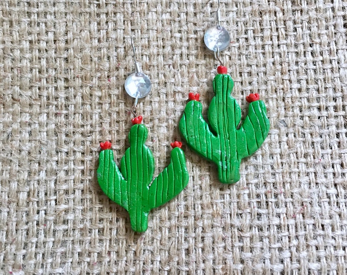 Cactus Earrings, Boho Cactus Earrings, Crystal Cactus Drops, Wood Cactus Drops, Crystal Earrings, Cowgirl Earrings, Vintage Cactus Drops