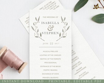 Wedding Program Template Download, Rustic Wedding Program, Printable Program Template, Floral Program, Botanical, Ampersand, Editable, PRO4