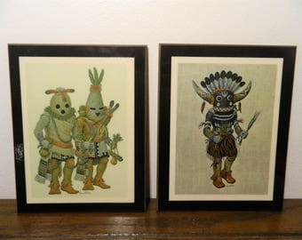 Vintage Homer Boelter Hopi Kachina Art Prints Wood Plaques Set Of 2 Yosemite Souvenir