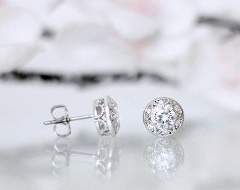 Art Deco CZ Stud Earrings <> Filigree Art Deco Earrings <> Elegant & Vintage Style Earrings <> 7605