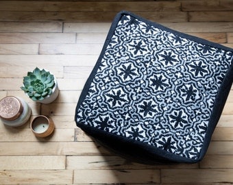 Square Pouf Ottoman, Black Floor Pouf Poof, Upholstered CrossStitched OttomanCover, Gift for Mom,Minimal Nordic Scandi Hygge Furniture Decor