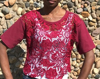 Lace overlay top/ Sweatshirt/Raw-Edge Lace/Pullover/ Sweater/ Scalloped lace/ Women'sTop/