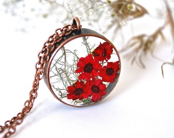 Terrarium necklace. Lichen. Australian wildflowers. Copper Red Flower Resin necklace. Botanical Jewelry. Boho jewelry. By OCEAN PETALS
