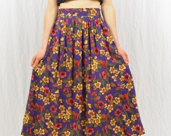 Vintage Floral Midi Skirt, Size XS-Small, High Waisted, 90's Clothing, Tropical Print, Seapunk, Quirky, Rad, Tumblr Clothing, Hawaiian Print