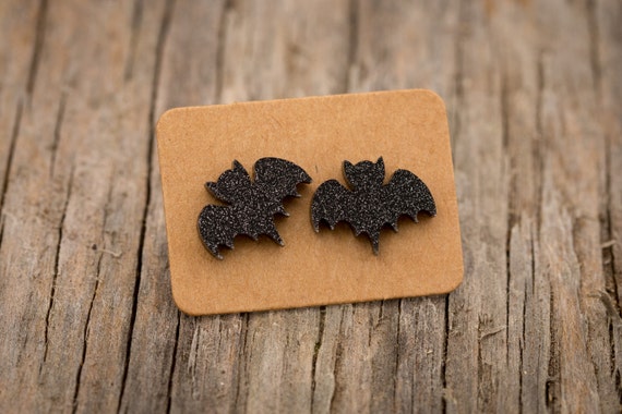 FREE SHIPPING WORLDWIDE - Sparkle Bats - Acrylic Earrings Studs Surgical Steel - Black Bats