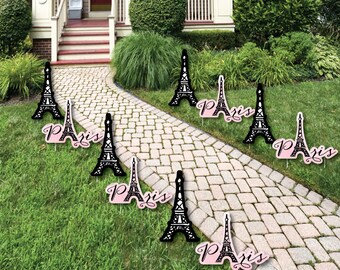 Paris - Lawn Decorations - Outdoor Baby Shower or Birthday Party Yard Party Decorations - Eiffel Tower - Shaped Lawn Ornaments - 10 Pc. Set