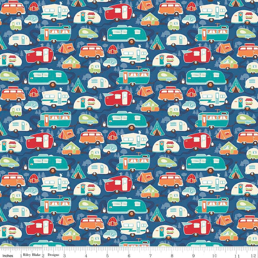Retro Camper Quilt Fabric Riley Blake Road Trip C5622 Blue