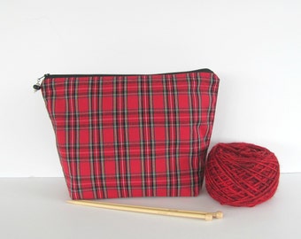 Knitting project bag, crochet yarn bag, zipper wedge Red tartan plaid pouch in 2 sizes - Knitters Gift or Men's Toiletry Bag