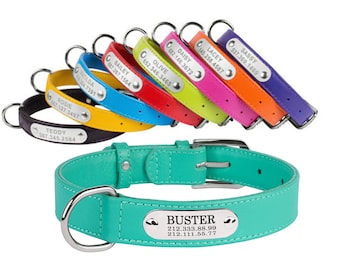 Dog Collar Personalized Leather Nameplate Optional Pink Red Green Blue Purple Small Medium Large Soft