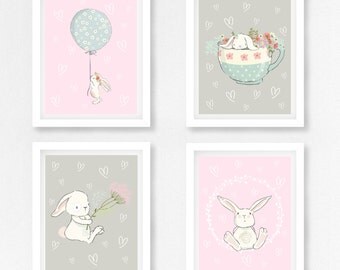 Baby Girl Nursery Decor, Rabbit Nursery Art, Bunny Nursery Decor, Pink and Grey Nursery Wall Art, Bunny Prints, New Baby Girl Bunny Gift