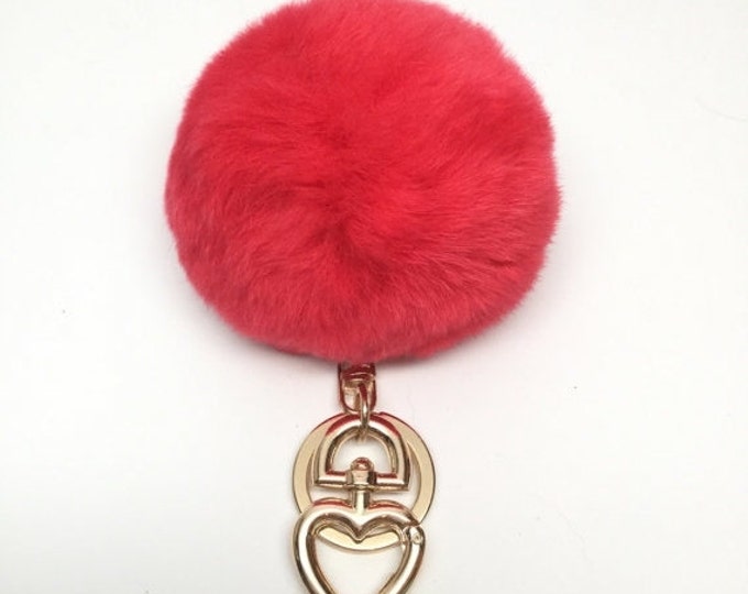 Heart Fur Pompom Keychain Rabbit Fur Ball Bag Charm Red