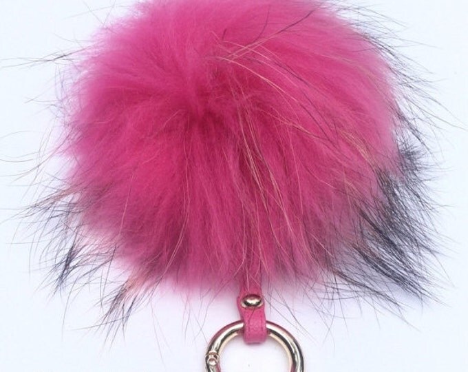 Pom-pom bag charm, fur pom pon keychain purse pendant in hot pink