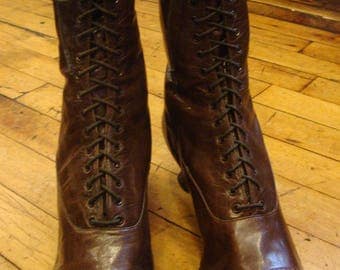 Antique Victorian or Edwardian Era Brown Leather Lace Up Granny Boots * Unworn!