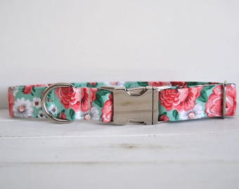 Floral Dog Collar, Mint and Coral, Pink Floral Dog Colla, Grey, Female Dog Collar, Girly Dog Collar, Metal Buckle Dog Collar