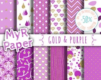 Gold glitter purple digital paper: “GOLD & PURPLE” purple and gold glitter pack of backgrounds with chevron, polka dots, stripes, hearts