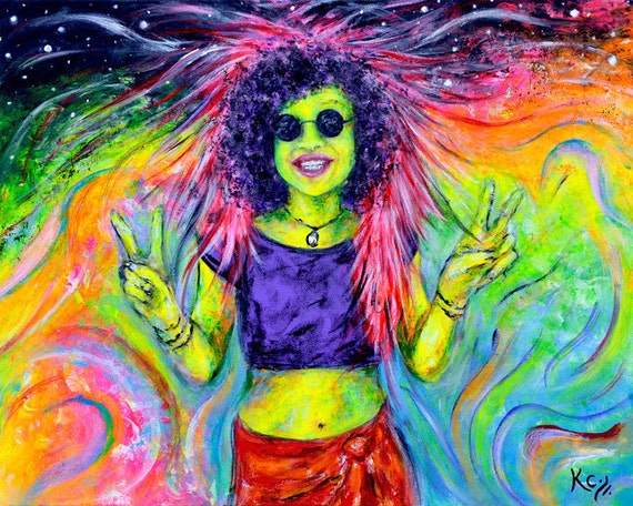 Psychedelic Pop Art Woman with Piece Signs Sunglasses Curly