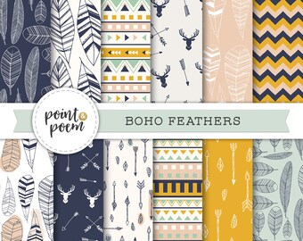 Tribal Boho Digital Paper - Feathers Arrows Deer Antlers - Pink Mint Navy Yellow Digital Printable Papers Chevron Polka Dots