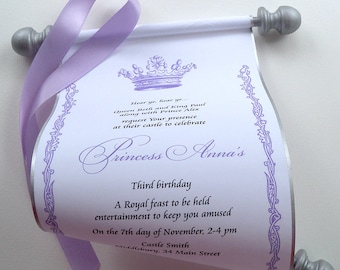 Princess Invitation, Royal princess birthday invitation scroll, purple and silver, bday party invite, set of 10