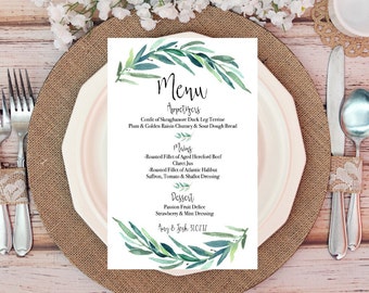 Wedding Menu Cards, Woodland Wedding Decor, Wedding Table Decor, Rustic Wedding Table Menu, Green Wedding Decor, Botanical Wedding Invites