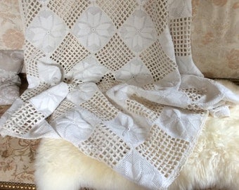 Vintage French Hand Crocheted Bed Cover Bedspread or Throw