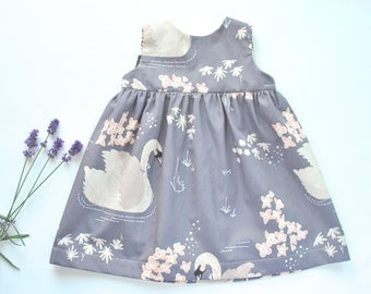 Lilac Swan Print Baby Dress. Baby Dress in Beautiful Fabric. 'Geranium Dress'. Handmade Gift Baby Girl. Modern Dress.