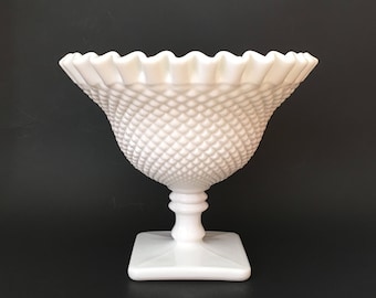 Vintage Large English Hobnail Milk Glass Pedestal Bowl Compote Westmoreland Glass Bridal Shower Wedding Centerpiece Decor
