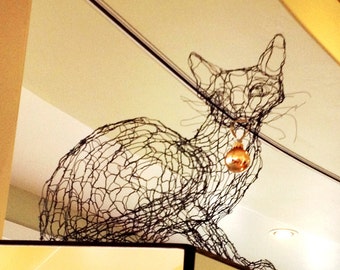 Wire Sculpture Cat: Life Size 3D Kitty by Elizabeth Berrien, internationally acclaimed wire sculptor