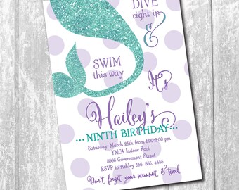 Mermaid Birthday Invitation with Teal Glitter (flat) detail/DIGITAL FILE/printable/wording and colors can be changed