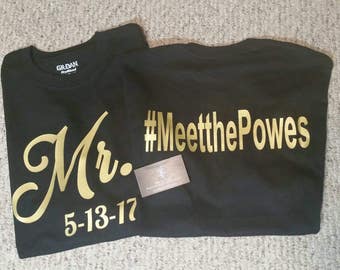 Set of 2 Mr and Mrs Shirt Wedding Day Shirts est. Black & Gold Date Couples Shirts Bride and Groom Shirts Just Married PRIORITY SHIPPING